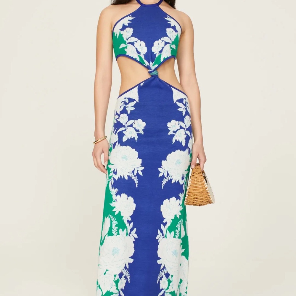 FARM Rio Blue and Green Backless Floral Dress